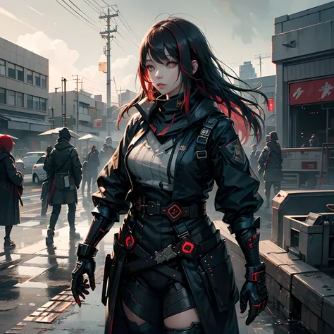 Hyūga Hinata, 1 japanese girl, WARFRAME, intricate pattern, heavy metal, energy lines, faceless, glowing eyes, elegant, intense, blood red and black uniform, solo, modern, city, streets, dark clouds, thunderstorm, heavy rain,, dramatic lighting,, (masterpi...