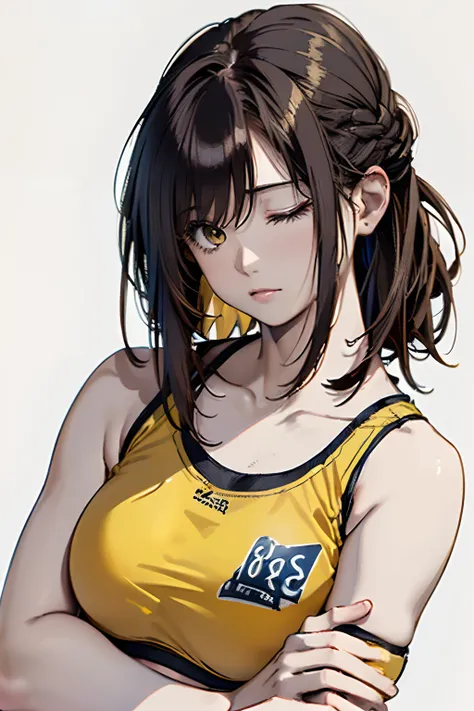 (((On his head is a ring of angels)))、(Best Quality, 8K, Oil Painting, masutepiece:1.2), Ultra-detailed, (Realistic, Photorealistic:1.37), (((FULL BODYSHOT)))、Vibrant colors, (((Good sleeping face)))、(((Yellow Sports Bra)))、(((English Print Sports Bra)))、(...