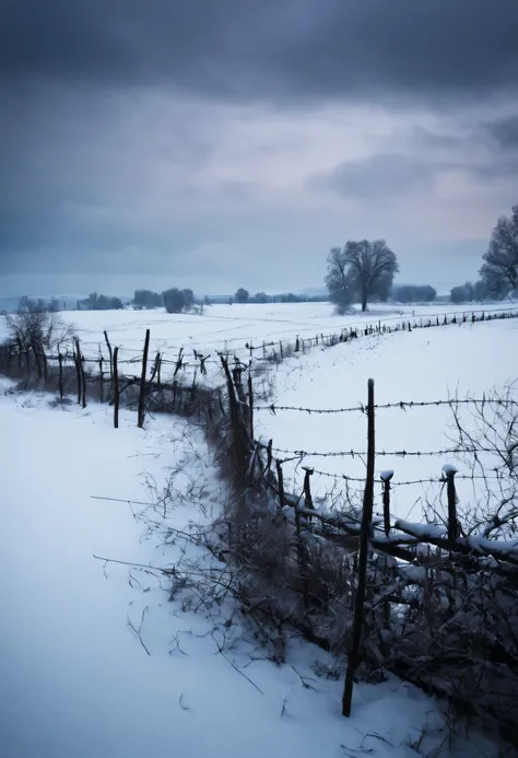 a snowy battlefield in world war 2 time with barbed wire and trenches. Soft, dark scary moment