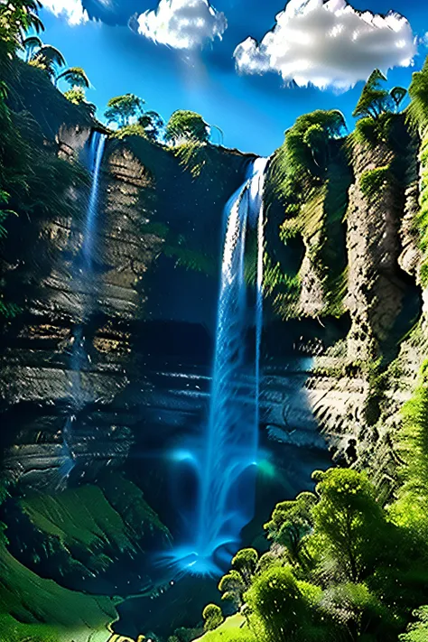 a waterfall with abundant water，green water, green mountains, blue sky and white clouds