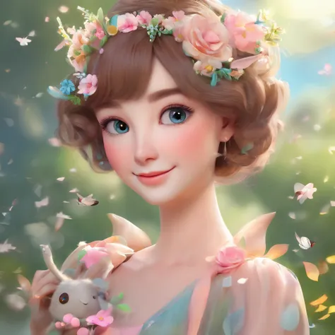 Top quality, Pastel painting, Gentle atmosphere, Fawn girl, Cute, White wings, Smiling happily, Short brown hair of different colors, A blue eye, A green eye, Dresses of different colors, flower hair ornaments, Upper body, looking at viewert, space, meteor...