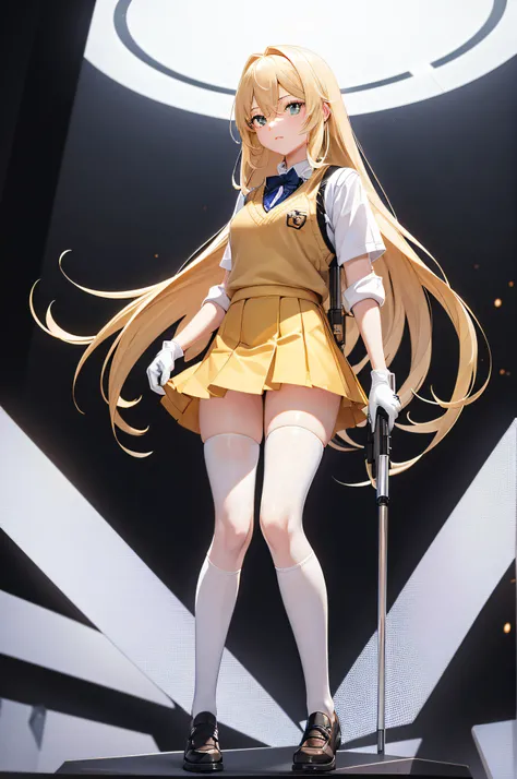 Girl with long blonde hair, A white shirt stands in front of a white background, Gun in hand, 1 girl, Blonde hair, Breasts, controller, Whole body, mitts, Long hair, Looking at the audience, Close one eye, Pleated skirt, school uniform, shokuhou misaki, sh...