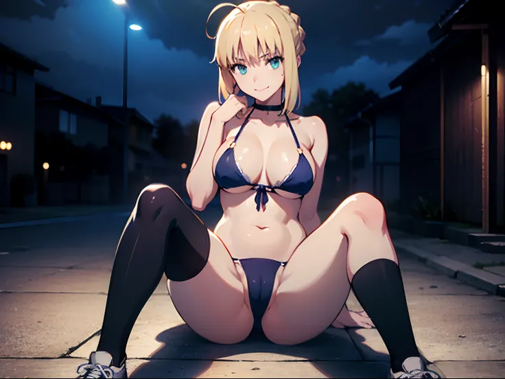 Best Quality, High resolution, distinct image, 8K,masuter piece、artoria、Beautiful and big breasts、The bikini、overknee socks、sneakers、NSFW、ssmile、Cam Drink、Downtown at night、Hands behind your head、