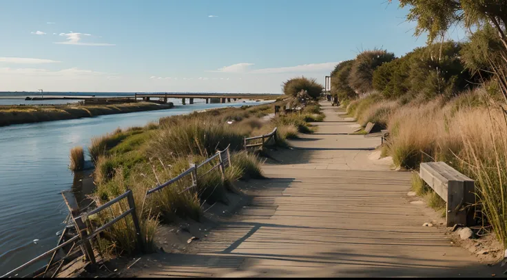 Close to the water，River beach in the distance，There are reeds and willows on the river beach，The boardwalk leads from near to far to the river beach