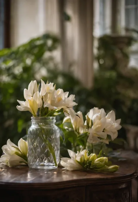 Close-up of a table，There is a vase of lily flowers on it, delightful surroundings, With French garden, Transparent，high key, ultra - detailed, Beautiful, insanely details, Intricate details, editorial photography, shot with a 50mm lens, depth of fields, T...