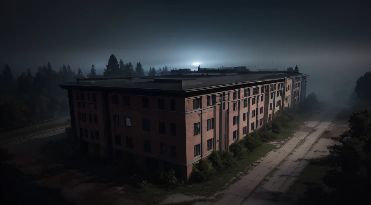 High Quality, Best Picture Quality, Best Quality, High Quality, 8K, 16K, 32K, (Outside an Abandoned Hospital), Night, Dimm, Fear, crumbling brick wall, old hospital, weeds, vines, broken glass windows , broken glass, fog, trees, ((high angle)), Full shot, ...