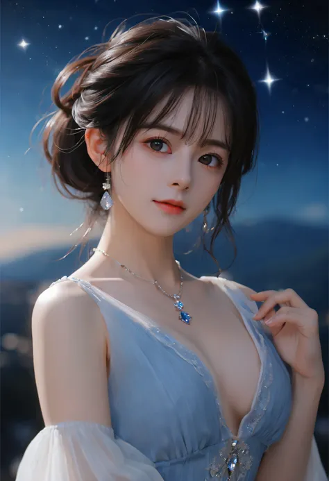 pixiv artwork, handsome girl, oval face, big eyes, long eyelashes, bangs, cool, imperious, exquisite (real realistic style), extreme face, photo-grade light and shadow, star-like eyes, wearing scattered black long curly hair and waist, (hair flowing) spark...