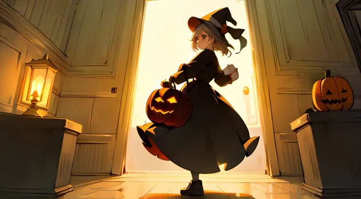 candy,haunted,Girl with a pumpkin,Knocking on the door