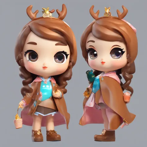 Q version of the super cute girl IP pop mart, Bright eyes,Carry a tea-shaped bag，Brown antlers， a blind box toy, Glossy and delicate,Clean background, 3D rendering of,adolable