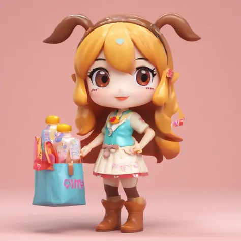 Q version of the super cute girl IP pop mart, Bright eyes,Carry a tea-shaped bag，Brown antlers， a blind box toy, Glossy and delicate,Clean background, 3D rendering of,adolable