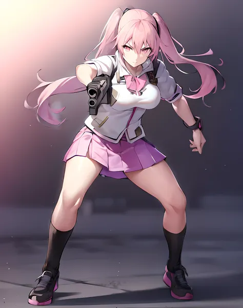 anime girl with gun in hand, holding a pistol, pink hair, double ponytail, combat stance，girls frontline style, fine details, fe...