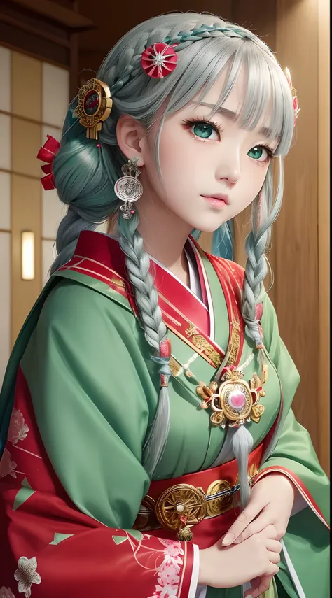 Japan girls are very cute。Have big green eyes、Wearing flashy national costumes、Silver-haired braid、Wearing a lot of ornaments、Royal Girl、