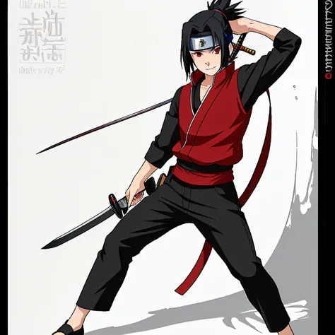 masterpiece, best quality, 1 boy, black hair, genin, detailed red eyes, black pants, shinobi, happy, katana on his back, (walked in the village: 1.2),