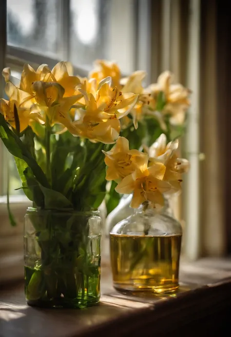 A bottle of faint lilies on the windowsill，Summer morning sun，Bright and fresh，shot with a 50mm lens, depth of fields, Tilt Blur, Shutter speed 1/1000, f/22. Lightmaps, Super bright