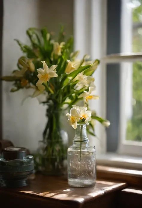 A bottle of faint lilies on the windowsill，Summer morning sun，Bright and fresh，shot with a 50mm lens, depth of fields, Tilt Blur, Shutter speed 1/1000, f/22. Lightmaps, Super bright