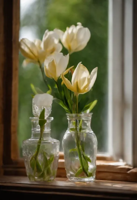 A bottle of faint lilies on the windowsill，Summer morning sun，Bright and fresh，shot with a 50mm lens, depth of fields, Tilt Blur, Shutter speed 1/1000, f/22. Lightmaps, Super bright