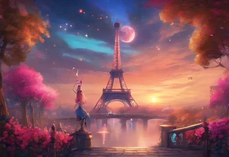 Skeleton withlight blue clothes and white lacy bow tie, golden wig , france flag , beautiful guitar in hand, some wine on table,paris streets with eiffel tower night , bunch of red-pink flowers , Hyper-detailed, HDR, VFX, 3d colors , 16k resolution, RTX