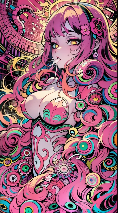 Seductive psychedelic horror, Trippy Hentai, body horror, having sex, real breasts, surreal Sex, LSD trip, sensual, psychedelic oral sex, provocative, colorful, glowing