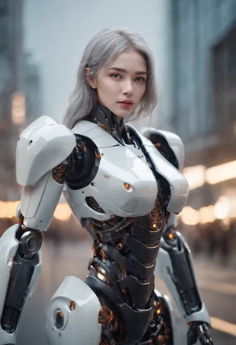 ((Robot girl, Mecha)), Glowing eyes, Delicate face, Broken armor, Mechanical Aura, Mechanical arm, Gray hair, Long hair, Ceramic body, thigh gap, Small breast, Cyber background, Very excellent city, (Translucent, Reflective skin), 8K, Best quality, Ultra-d...