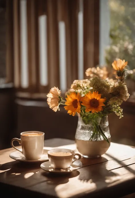 there are two cups and a vase of flowers on a table, soft autumn sunlight, soft morning light, afternoon sunlight, summer morning light, radiant morning light, beautiful morning, soft morning lighting, beautiful composition, in the morning light, springtim...