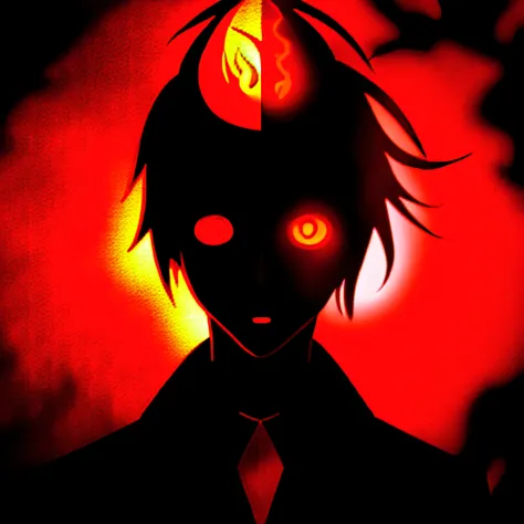 anime Brazilian phonk horror album cover with flames and a black person as a shadow with devil red eyes and background flames