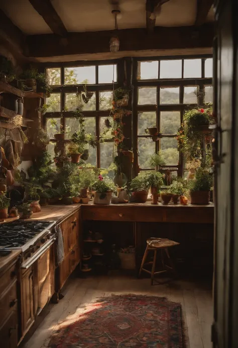 There is a kitchen with table, sink and window., cottagecore hippie, cottagecore, cottagecore!!, with flowers and plants, Colorful flowers and plants, Small kitchen, Cute kitchen, Romantic green, kitchin, Nature and floral aesthetics, Retro vintage and rom...