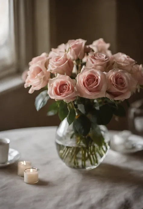 there is a vase of pink rose flowers on a table, soft autumn sunlight, soft morning light, afternoon sunlight, summer morning light, radiant morning light, beautiful morning, soft morning lighting, beautiful composition, in the morning light, springtime mo...