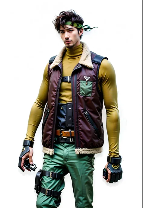 Japanese Male Character, cabelos pretos levemente cacheados, Camouflage headband tied around the head, colete de couro marrom, camiseta de mangas longas amarela, luvas de couro marrons, greenish pants, Black Accessories & Belt