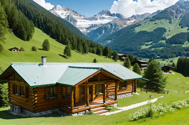 Mountain Cabin (Mountain Cabin),A beautiful mountain hut in the mountains of Switzerland,White mountain surface、Green roof、log、Small flowers、goat