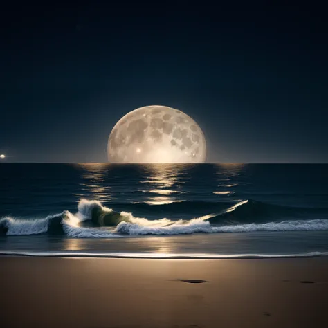 arafed view of a full moon rising over the ocean with waves, full moon buried in sand, sandy white moon landscape, big moon abov...