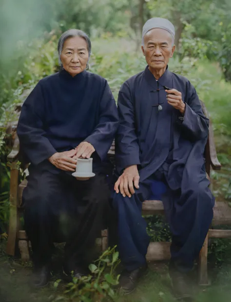 A group photo of an elderly Chinese couple，On the right is an 80-year-old grandmother，Single Eyelids，petty eyes，Face full of wrinkles，hair natural，Face emaciation，Wear traditional Chinese clothes，Holding an iron porcelain cup in his hand，Sit on a wooden ch...