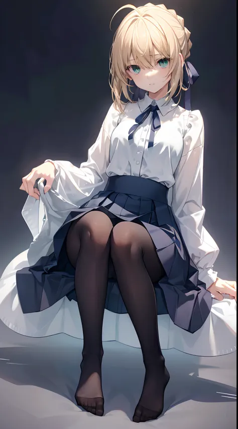 ccsaber, blonde hair, green eyes, ahoge, white shirt, blue skirt, black pantyhose、​masterpiece、top-quality、best、超a high resoluti...