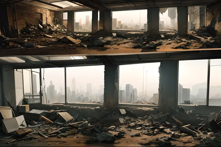 There are many collapsed buildings outside the interior design windows，There are traces of life in the house，mito，城市，Apocalyptic sense，fanciful，Amazing plant growth，extremy detailed，Realistic light in red and black tones，Epic composition，（Complicated detai...