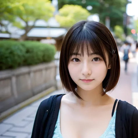 Japan female, 20 years old, round face, cat eyes, short hair, cute, big tits