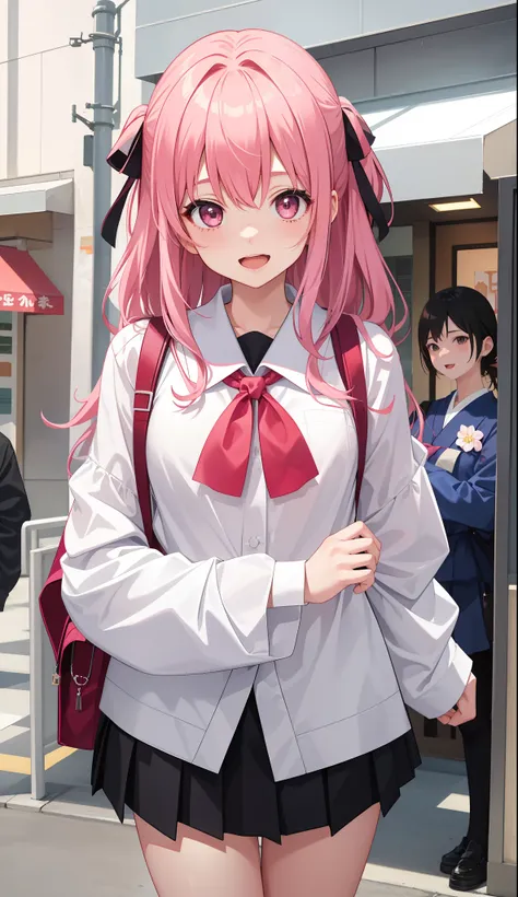 1girl in、AS-Adult、A smile、open open mouth、、be shy、The shirt、skirt by the、A pink-haired、（small tits）Japan High School、校服、serafuku、Walking with a thigh、Upper body portrait、