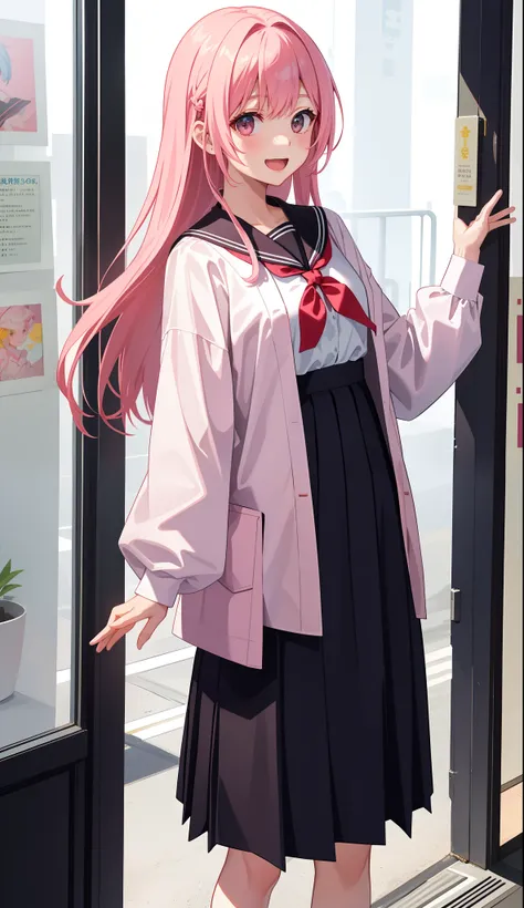 1girl in、AS-Adult、A smile、open open mouth、、be shy、The shirt、skirt by the、A pink-haired、（small tits）Japan High School、校服、serafuku、Walking with a thigh、Upper body portrait、