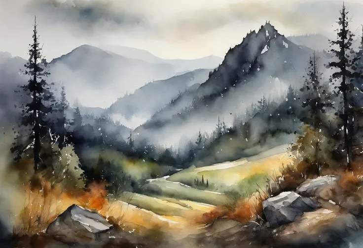 Mountain landscape, dark, rain, forrests, extreme detailed and delicate