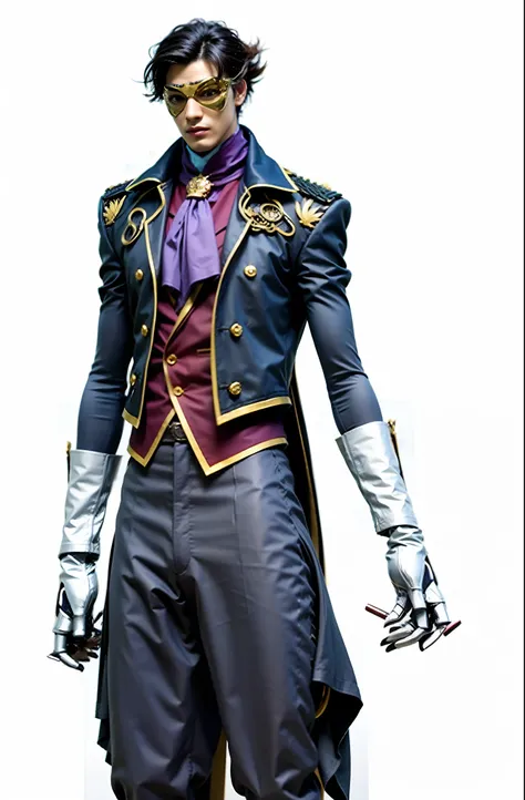 Japanese Male Character, cabelo azulado, Golden mask on the left side of the face, terno preto com detalhes dourados, camisa roxa com detalhes dourados, purple scarf, luvas brancas