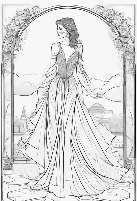 superbe femme, robe longue, 1 girl solo, decor avec chateau renaissance, lineart, black and white, monochrome, avec hachures, style manga, ambiance halloween, jambe denudee,  prestigieuse femme fatale, beau visage, details, cadrage sur le haut du corps seu...