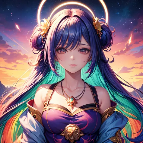 Close-up of a woman with colorful hair and necklace, anime girl with cosmic hair, The soft vitality of Rostus, Guviz-style artwork, Fantasy art style, Colorful], vibrant fantasy style, Vibrant Ross Comics, cosmic and colorful, Guviz, Colorful digital fanta...