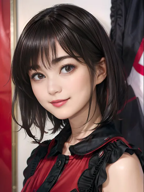 65
(a 20 yo woman,is standing), (A hyper-realistic), (masutepiece), ((A dark-haired、short-hair:1.3)), (Silky hair), (Breast:0.5), (kindly smile:0.7), red lipsticks