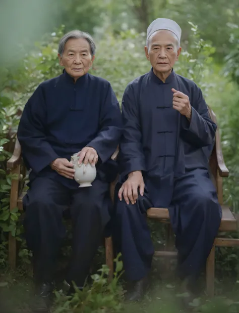 A group photo of an elderly Chinese couple，On the right is an 80-year-old grandmother，Single Eyelids，petty eyes，Face full of wrinkles，hair natural，Face emaciation，Wear traditional Chinese clothes，Holding an iron porcelain cup in his hand，Sit on a wooden ch...