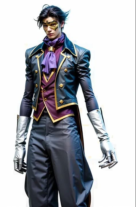 Japanese Male Character, cabelo azul, Golden mask on the left side of the face, terno preto com detalhes dourados, camisa roxa com detalhes dourados, purple scarf, luvas brancas