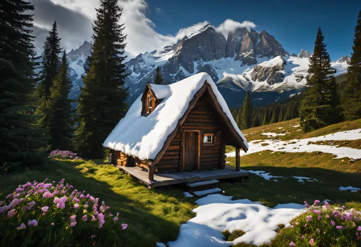 a tiny cabin made entirely of leaves and flowers, snow mountain in the background, uhd, HDR, (realistic:1.1)