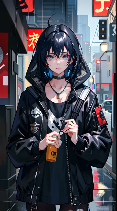 1girl, jacket, rain, outdoor, hoodie, open jacket, chain, backpack, looking at another, messy hair, trending on artstation, 8k resolution, highly detailed, anatomically correct, sharp image, digital painting, concept art, trending on pixiv, style of makoto...