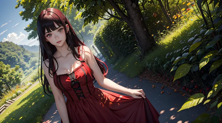 1 Girl in Picture, 14 Jahre, Schwarze Haare, Rote Schleife im Haar, Red White Dress, rote Wangen, rote Lippen Apfel, Apfel in Hand, Braune Augen, Niedlich, im Wald