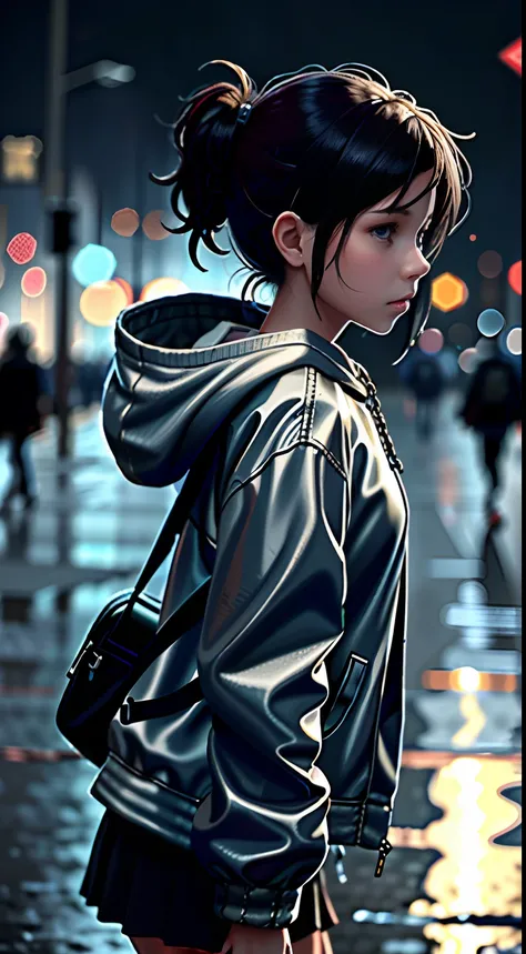 1girl, jacket, rain, outdoor, hoodie, open jacket, chain, backpack, looking at another, messy hair, trending on artstation, 8k resolution, highly detailed, anatomically correct, sharp image, digital painting, concept art, trending on pixiv, style of makoto...