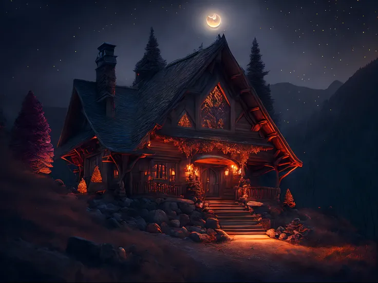 (Absurdres:1.2), intricately detailed create a mountain cabin in Halloween town, eerie candlelight, night aura, ethereal, gothic, surreal art, Shimmer, approaching perfection, ultra-high quality, bokeh, reflective textures, perfect shadows, volumetric ligh...