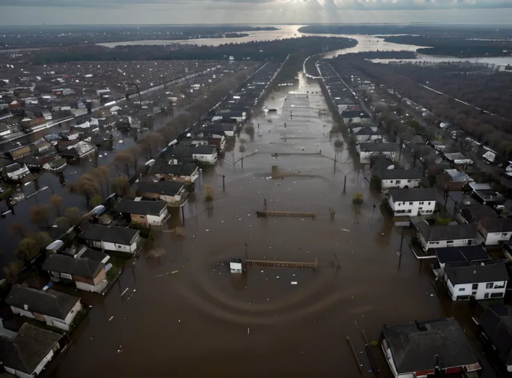 Flood-hit urban area, submerged by water so that only the roofs of the houses appear out of the water