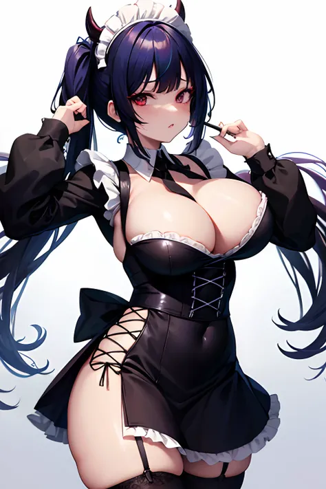 Demon, maid, damaged maid dress, transformed, strange skin, glaring, voluptuous, lewd, lust